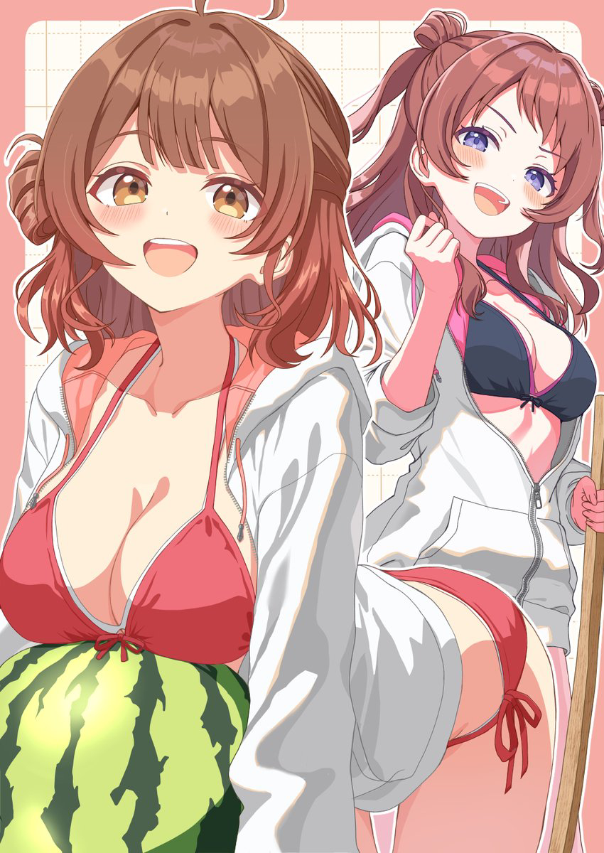 This is a pixiv picture whose title is 佑芽咲季スイカ割り！.