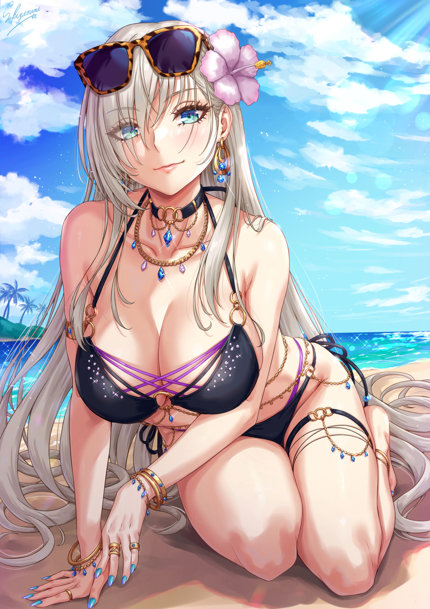 This is a pixiv picture whose title is 水着銀髪お姉さん2026ver👙⛱️.