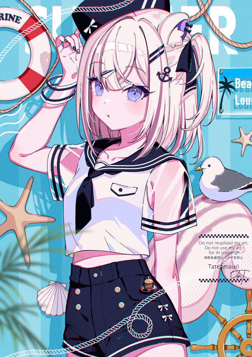 This is a pixiv picture whose title is 白リスちゃん×マリンルック🐿️⚓️.