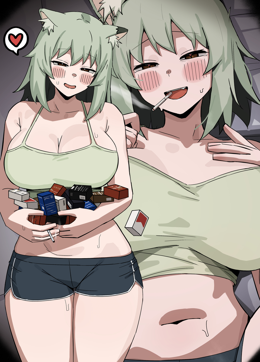 This is a pixiv picture whose title is ヤニねこ「タバコいっぱいありがとにゃあ!!♡」 (1/2).