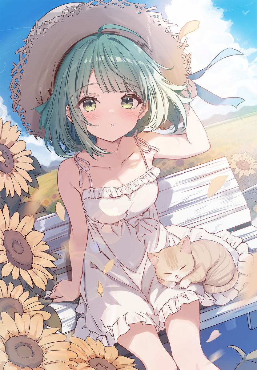 This is a pixiv picture whose title is 夏・ひまわり・麦わら帽子・猫.