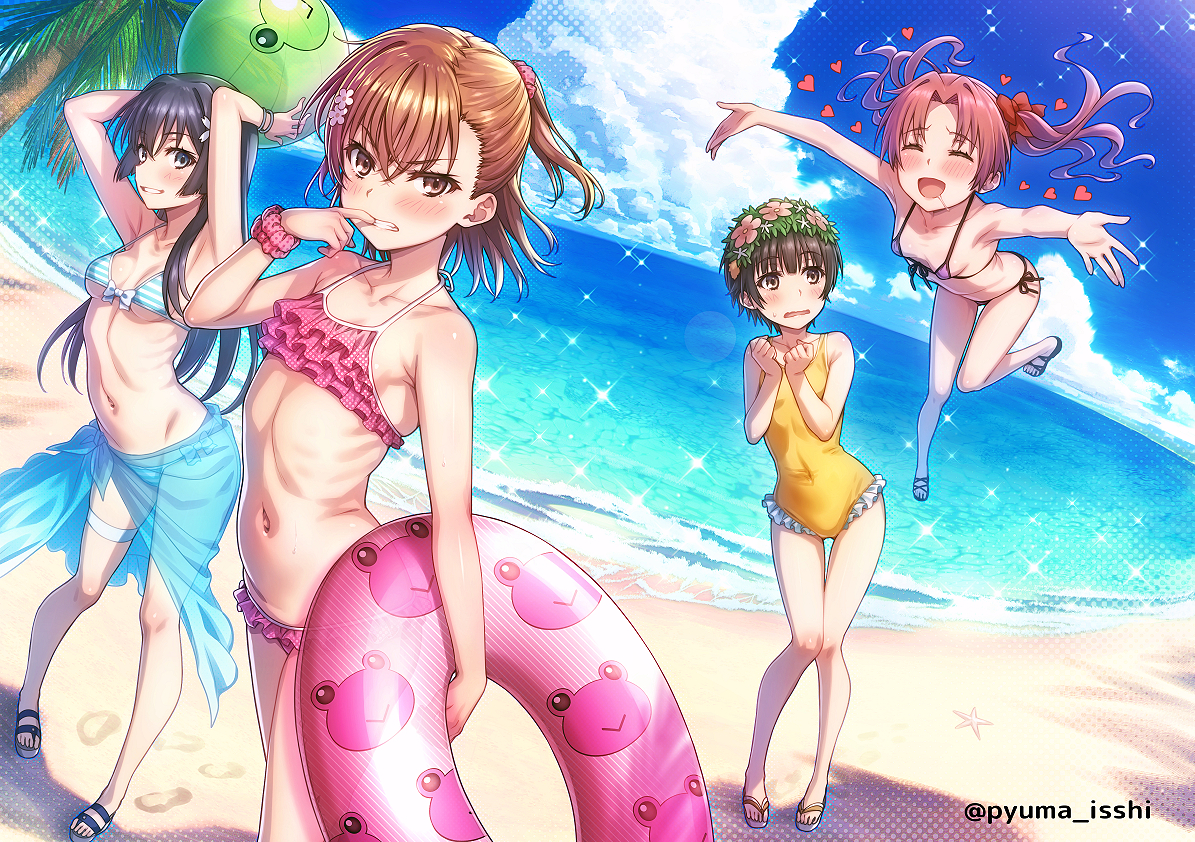 This is a pixiv picture whose title is ４人組と海へ.
