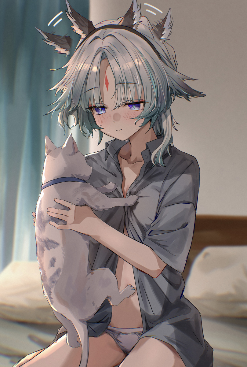 This is a pixiv picture whose title is 寝起きのオクギと猫🐈.