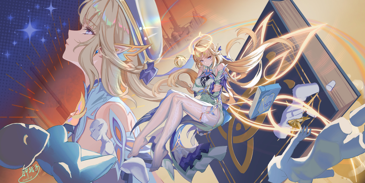 This is a pixiv picture whose title is 原神同人--尼可绘画--起始于高天与城邦.