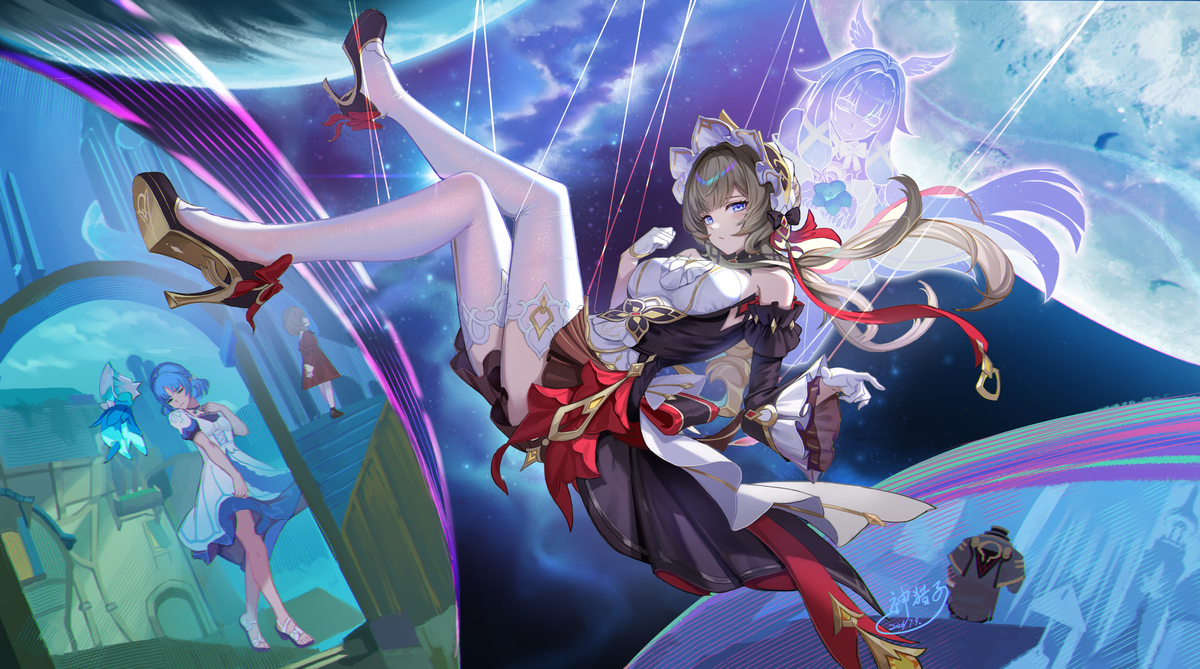 This is a pixiv picture whose title is 原神桑多涅同人绘画--纺线与超越.