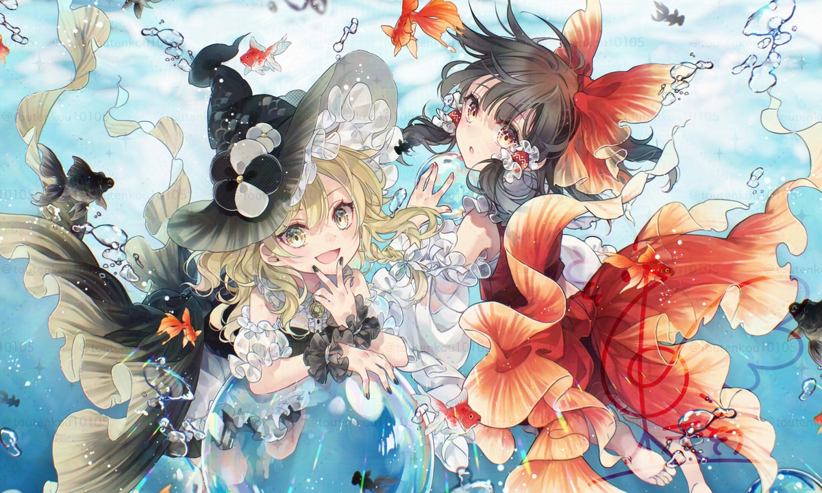 This is a pixiv picture whose title is 涼やか魔理沙と霊夢.