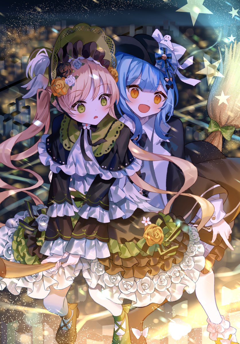 This is a pixiv picture whose title is 2人きりの空中散歩.