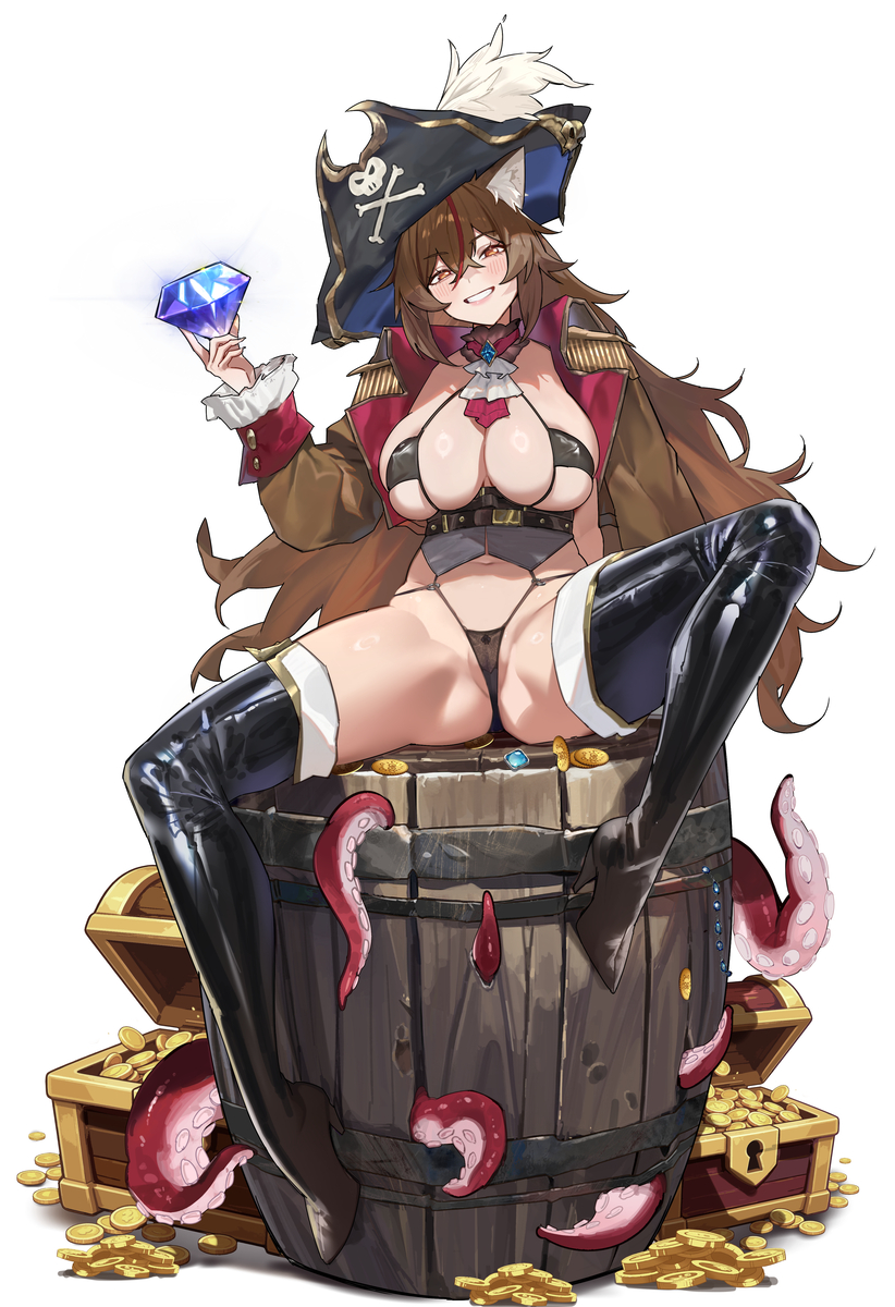 This is a pixiv picture whose title is 海盗娘坐在她的战利品（？）上.