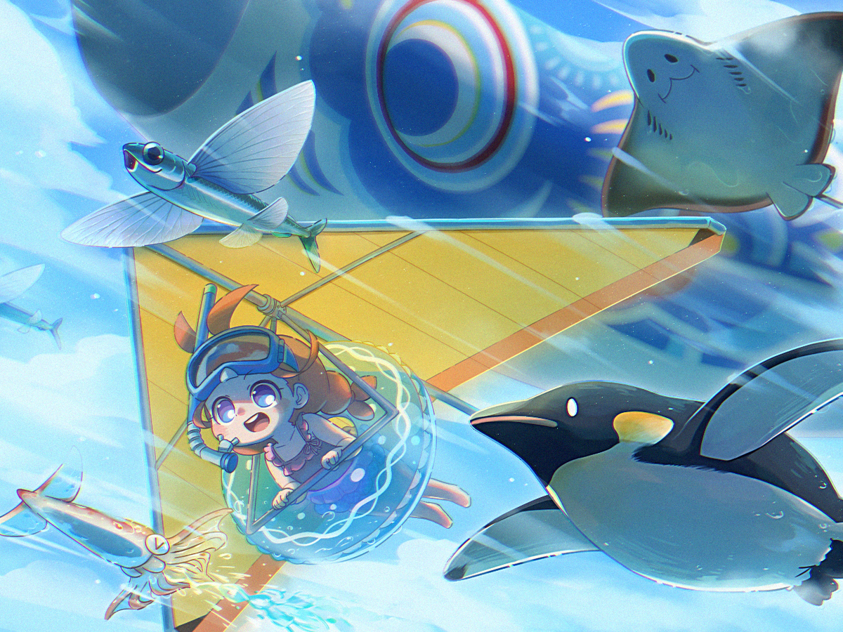 This is a pixiv picture whose title is のんびりイラスト「空を泳ぐ」.
