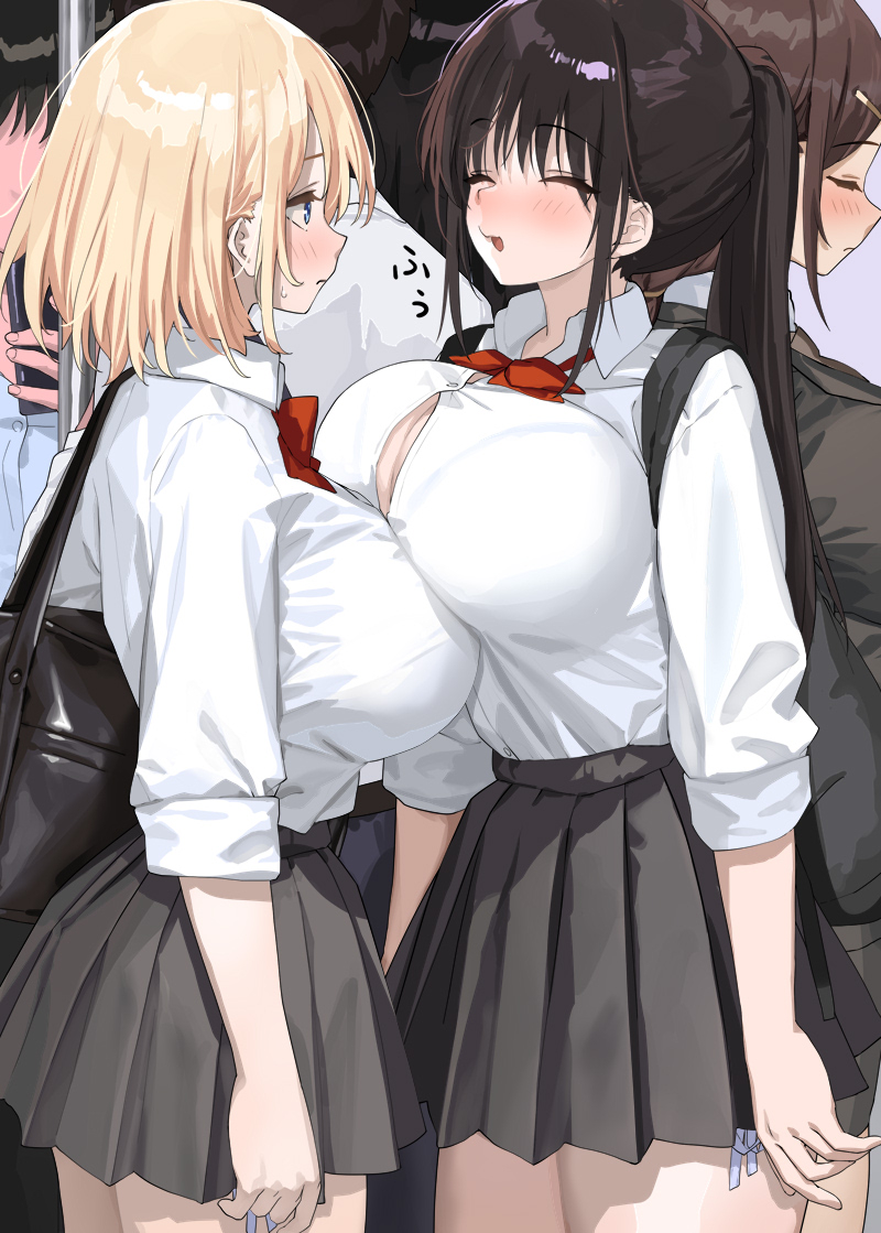 This is a pixiv picture whose title is 電車の中で友達のおっぱいにおっぱいを乗せて乳を休めている子.