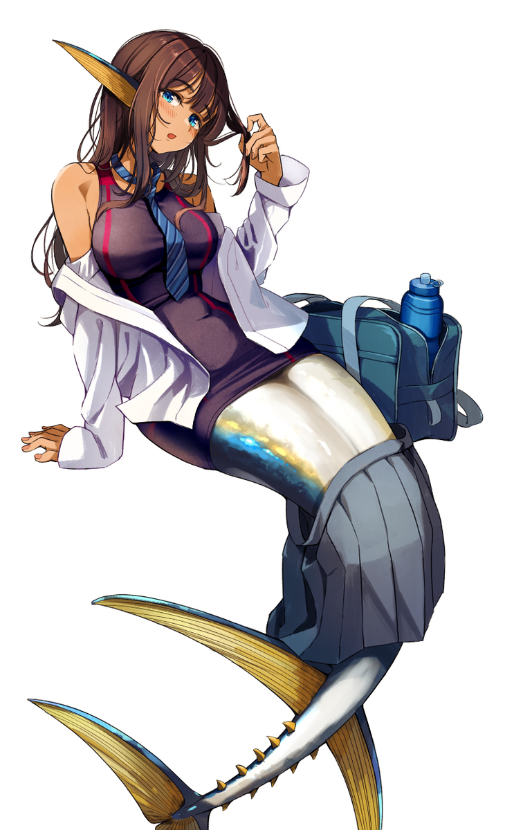 This is a pixiv picture whose title is 制服脱ぎかけ競泳水着マグロ人魚さん。.