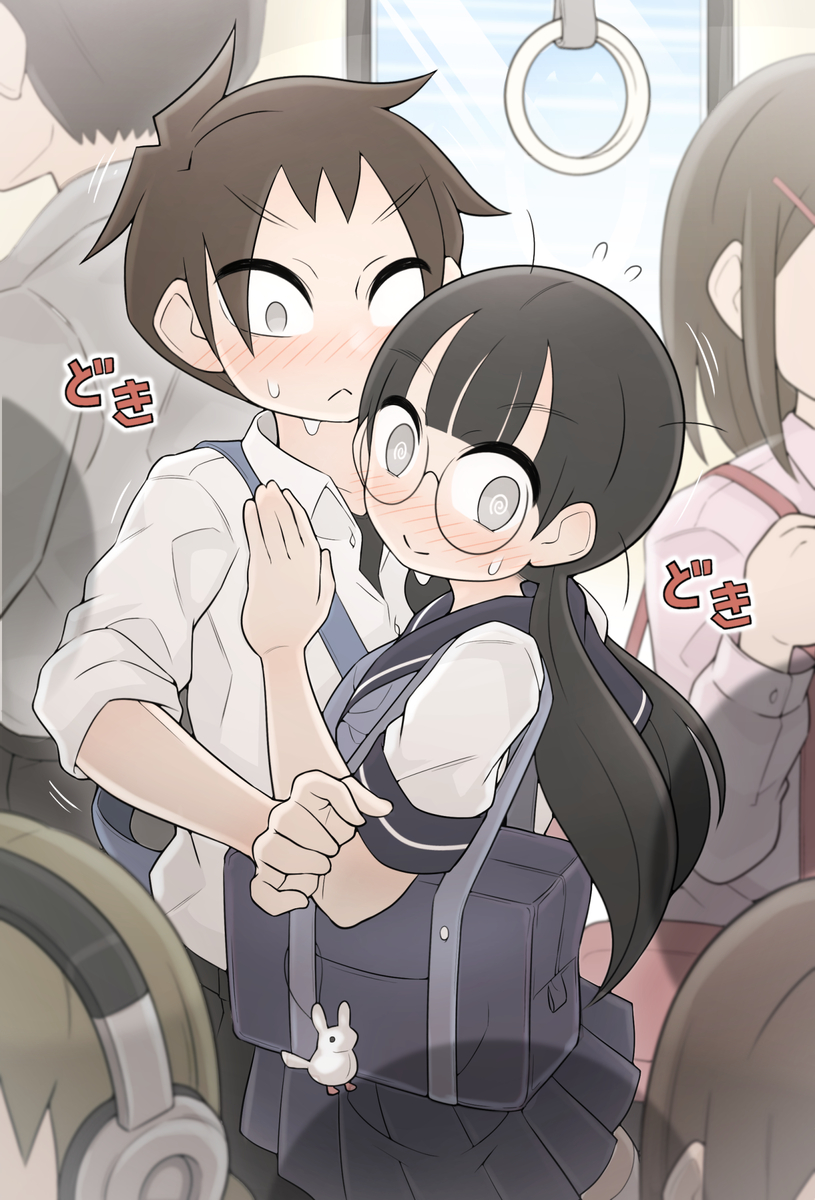 This is a pixiv picture whose title is 満員電車で密着しちゃう….
