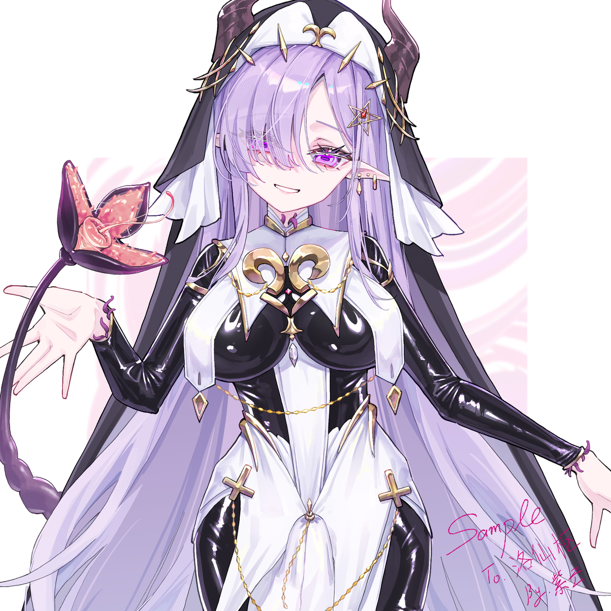 This is a pixiv picture whose title is -commission- 插着马眼棒的触手服胶衣巨乳扶她魅魔修女.