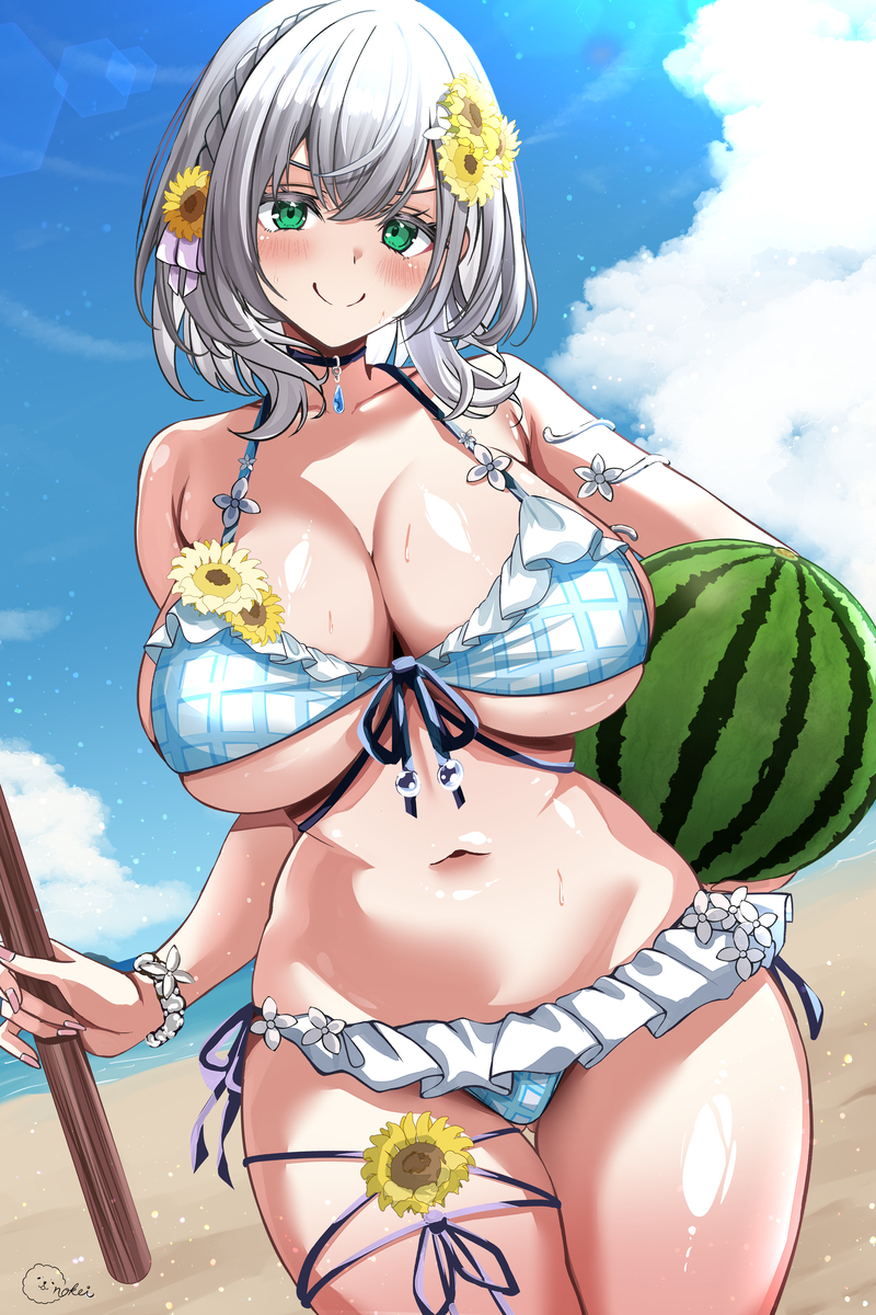 This is a pixiv picture whose title is 団員さん！スイカ割りで勝負しよ！.