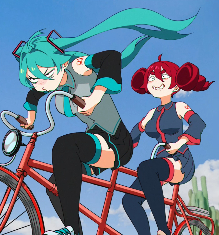 This is a pixiv picture whose title is Miku Teto rolling'.