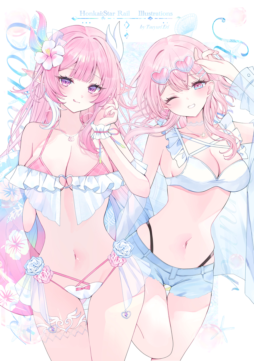 This is a pixiv picture whose title is 水着キュレネ&なのか🏝️💓.