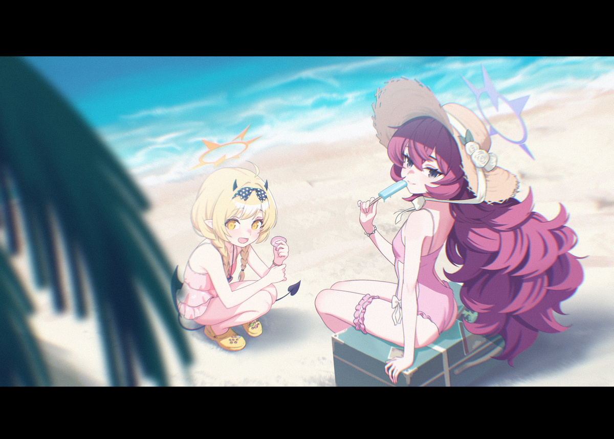 This is a pixiv picture whose title is 波打ち際の二人.