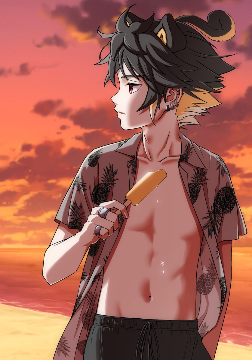 This is a pixiv picture whose title is 夕焼けの海.
