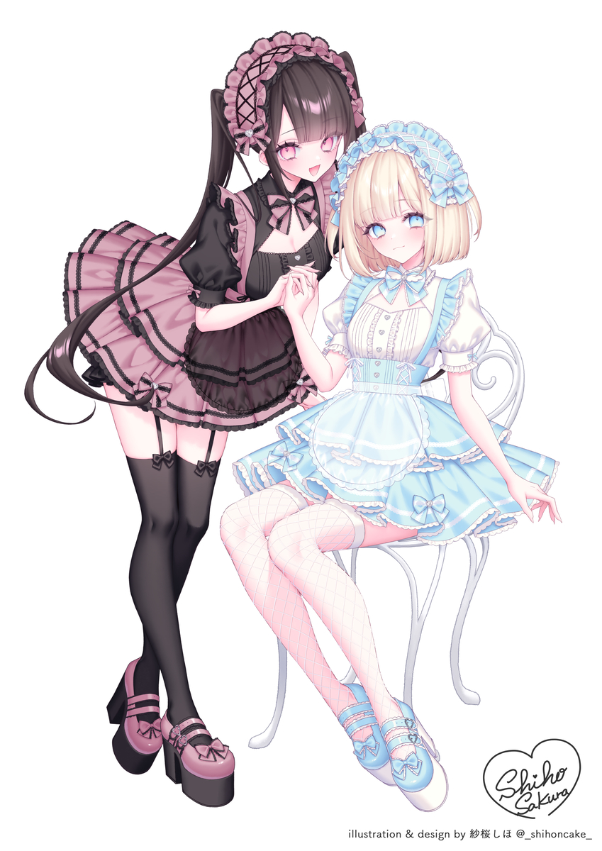 This is a pixiv picture whose title is 【お仕事】メイドカフェ&バーぷりゅむ様キービジュ&衣装デザイン.