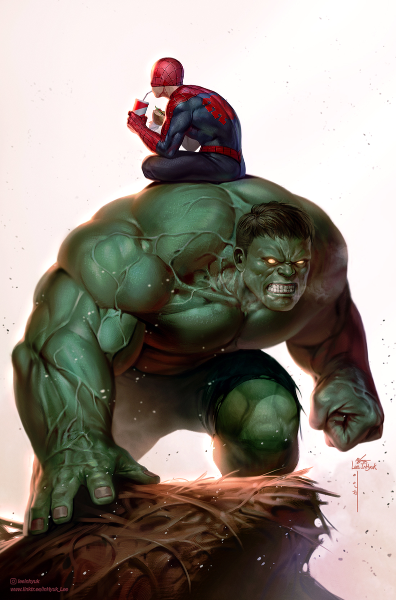 This is a pixiv picture whose title is Spidey vs Hulk.