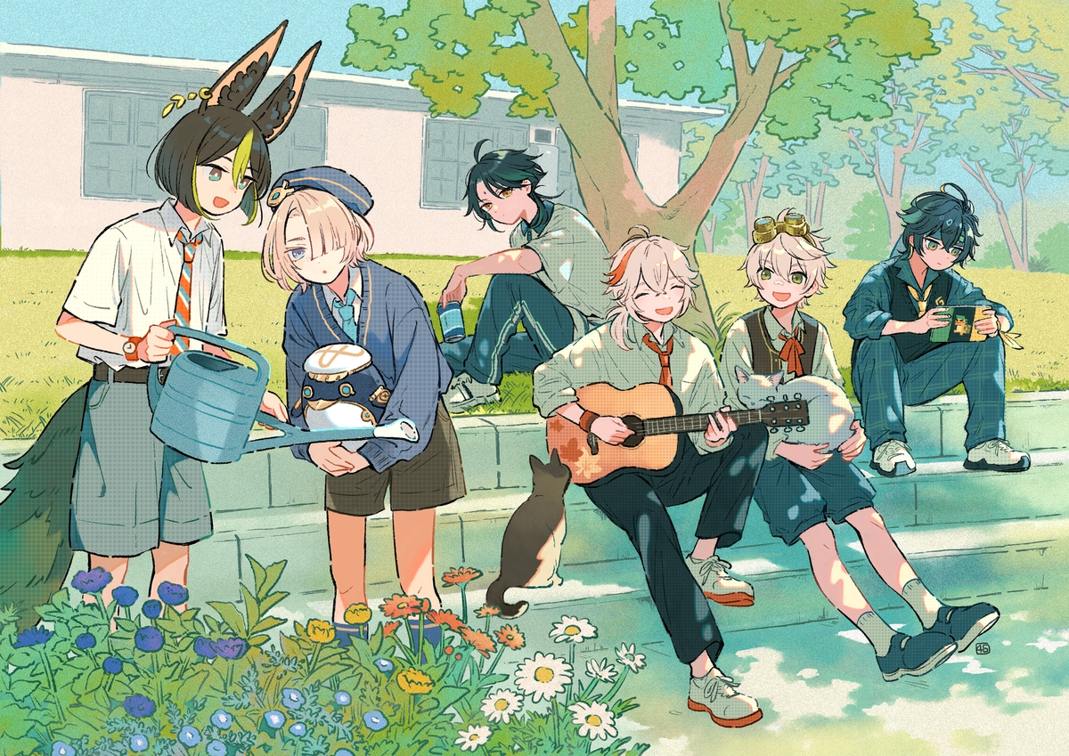 This is a pixiv picture whose title is 原神グッズ学院シリーズの男子達.