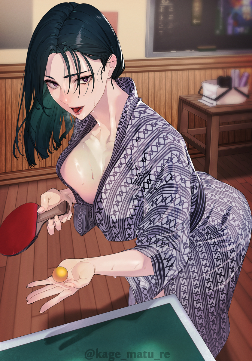 This is a pixiv picture whose title is お姉さんと汗だく温泉卓球.