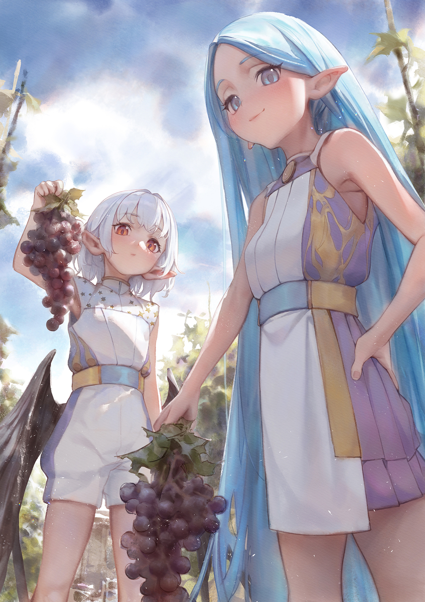 This is a pixiv picture whose title is picking grapes🤍🩵🍇.