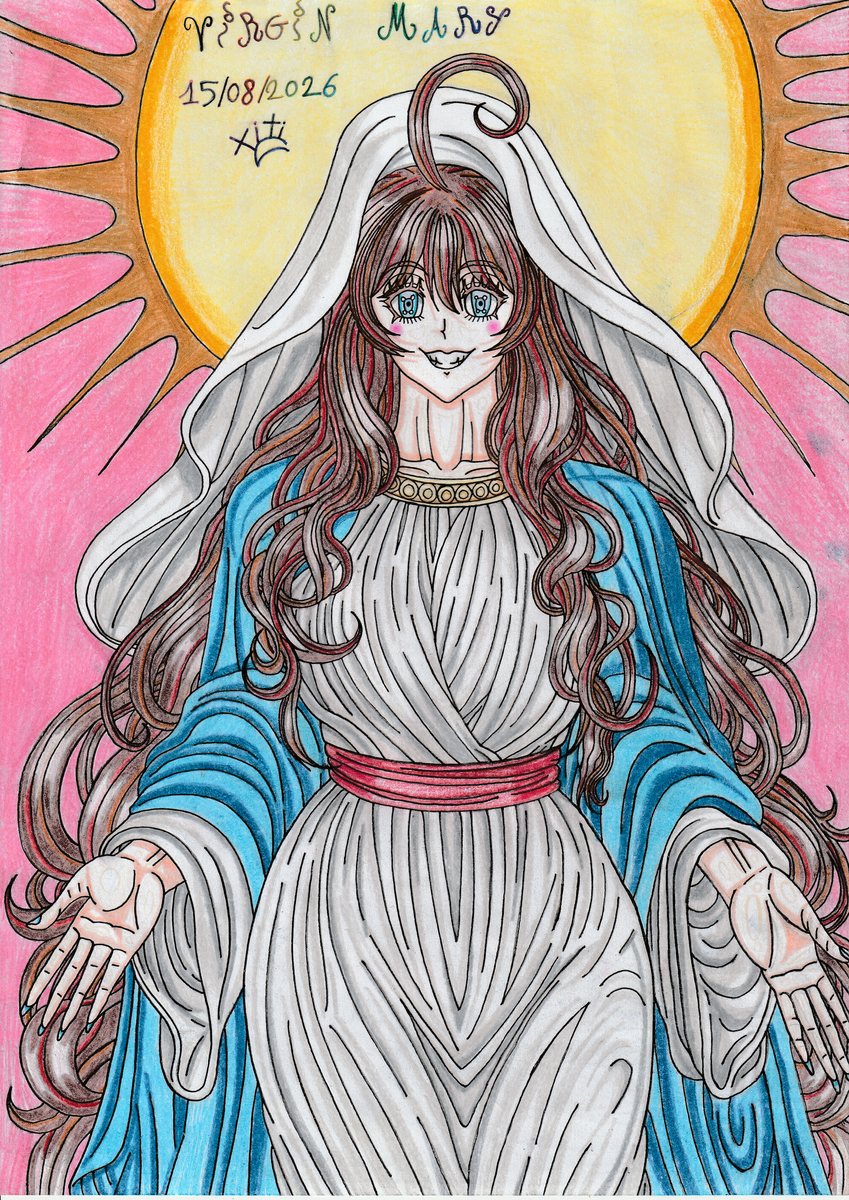 This is a pixiv picture whose title is Virgin Mary⛪💙✝️✨👩🏻‍🍼🕊️☀️🙏🏻🤍👑🌸⭐.