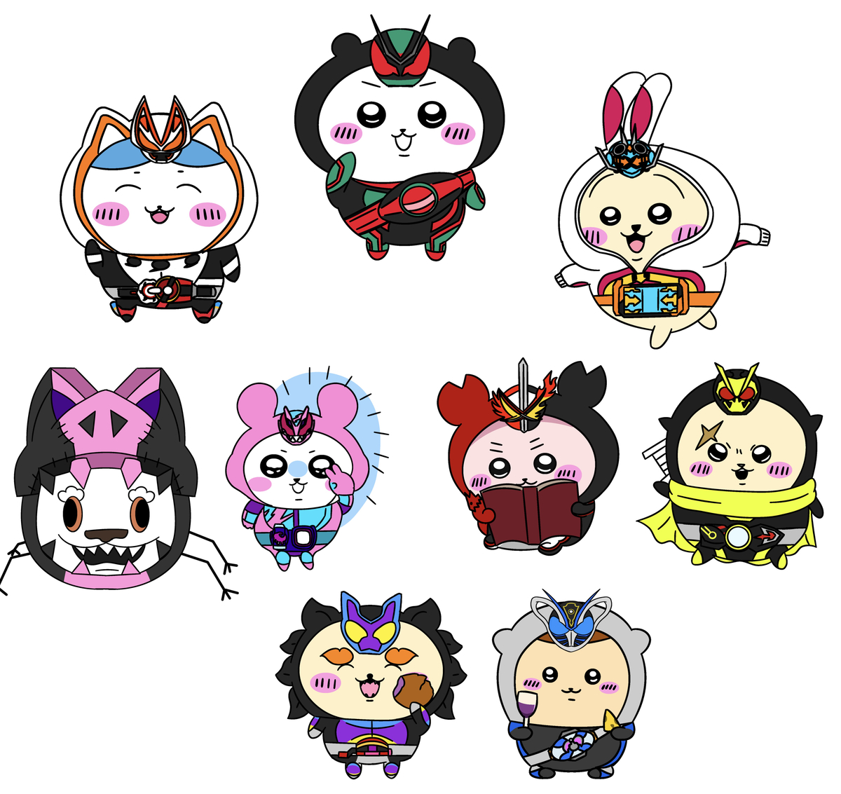 This is a pixiv picture whose title is 令和ライダー×ちいかわ.