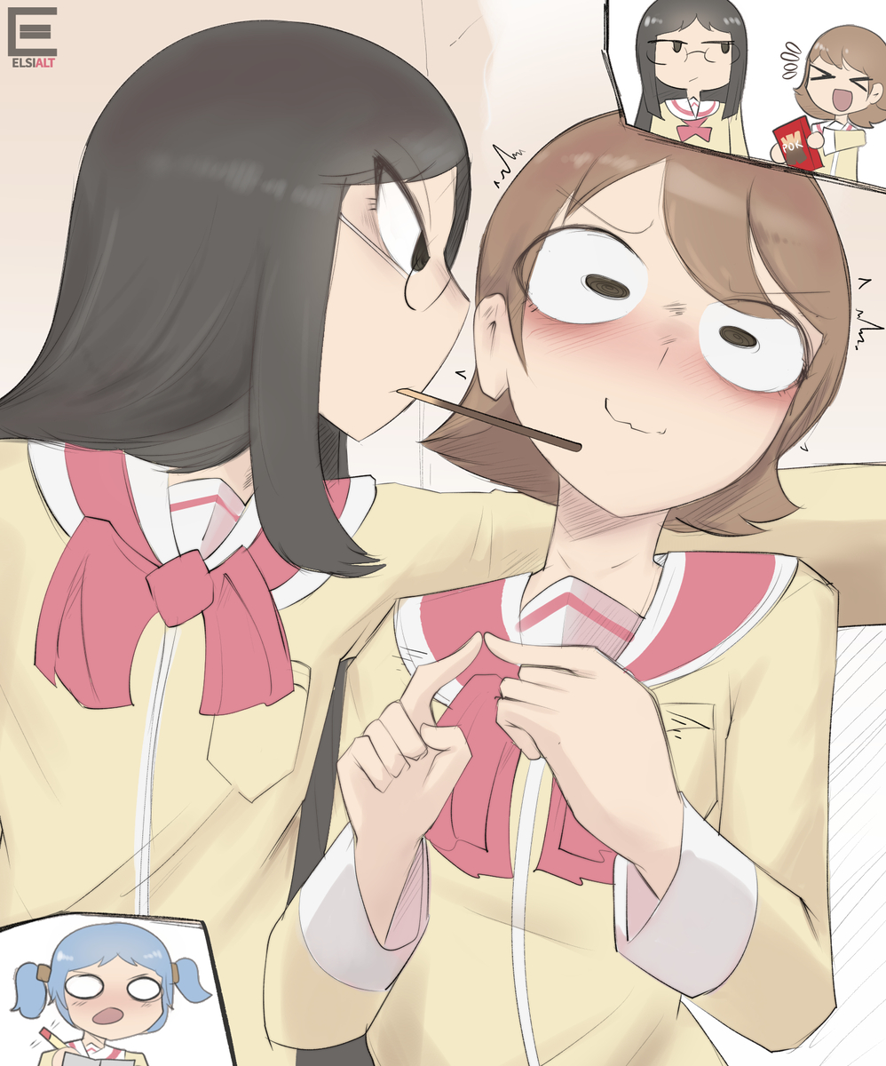This is a pixiv picture whose title is mai and yuuko pocky game.