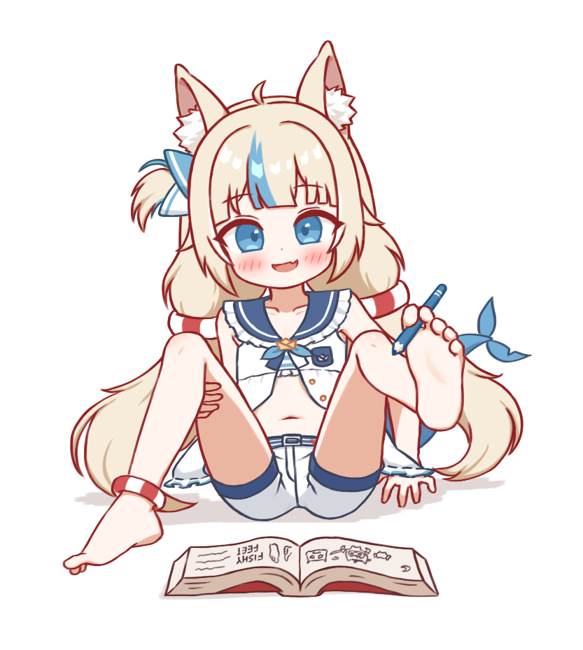 This is a pixiv picture whose title is 📕🦶🏻Tummy and toes🐟.
