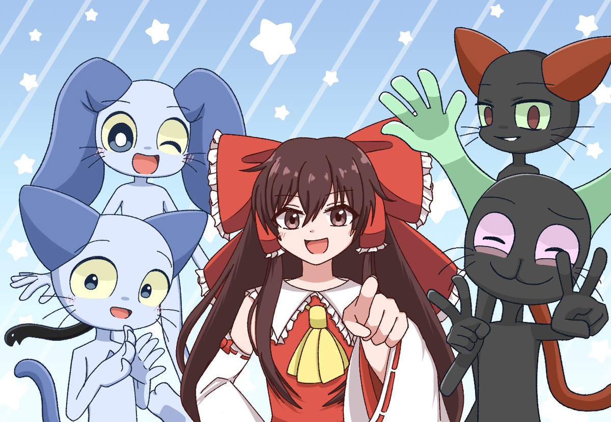 This is a pixiv picture whose title is 霊夢＋ねこテチメンバー.
