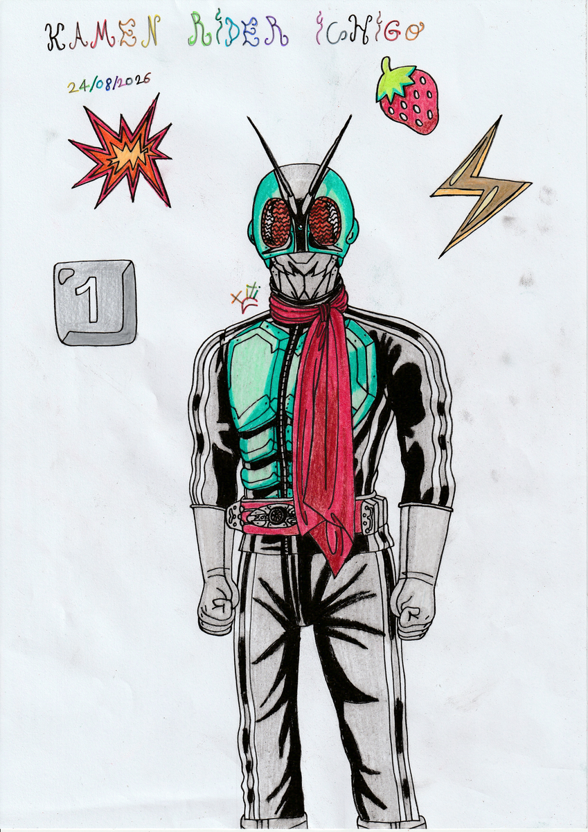 This is a pixiv picture whose title is Kamen Rider Ichigo 🏍️🦗🍓1️⃣💥⚡🧣🦸🏻‍.