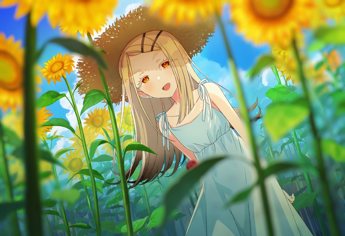This is a pixiv picture whose title is ひまわり畑と麦わら帽子.