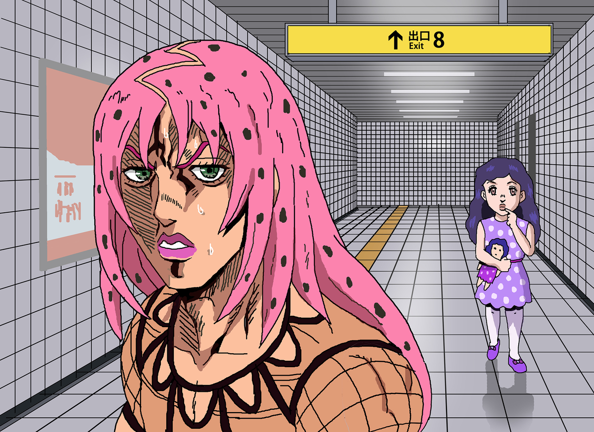 This is a pixiv picture whose title is 8番出口の無限ループに迷い込んだディアボロ.