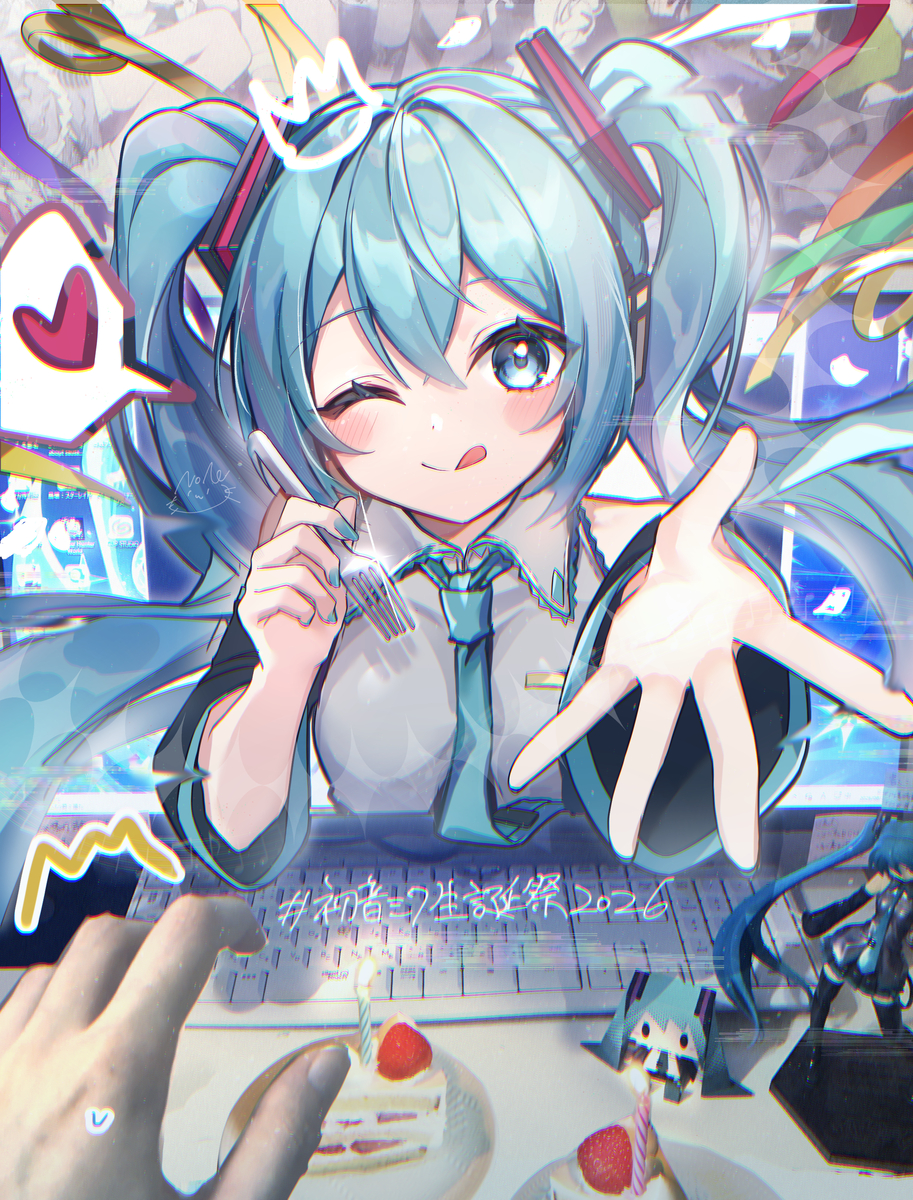 This is a pixiv picture whose title is ミクさんがケーキを食べに来てくれたようです🍰🍴.