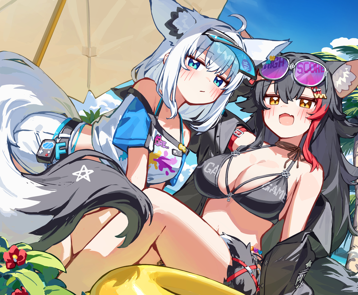 This is a pixiv picture whose title is ホロドリ水着フブミオ.