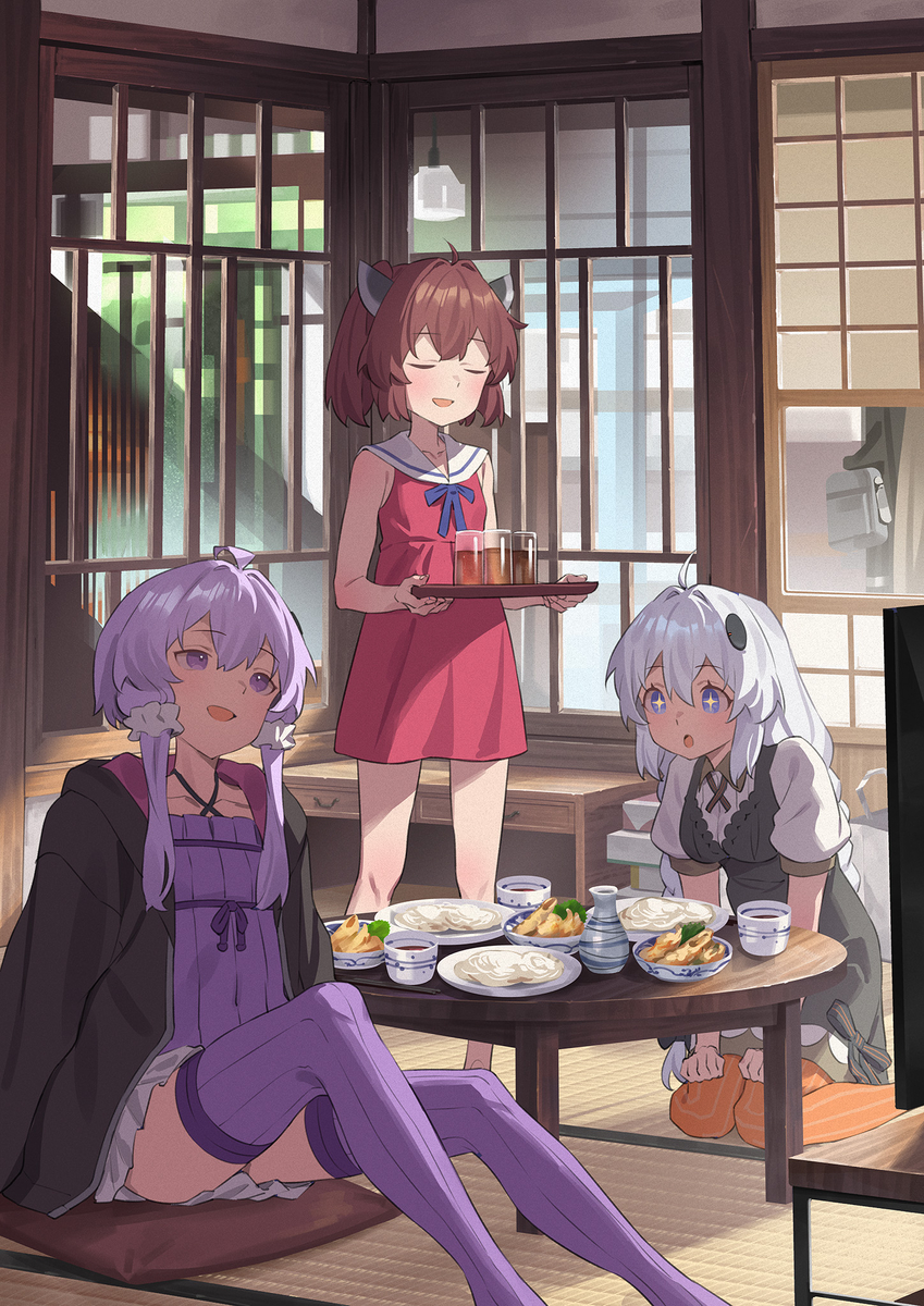 This is a pixiv picture whose title is 素麵をたべる三人.