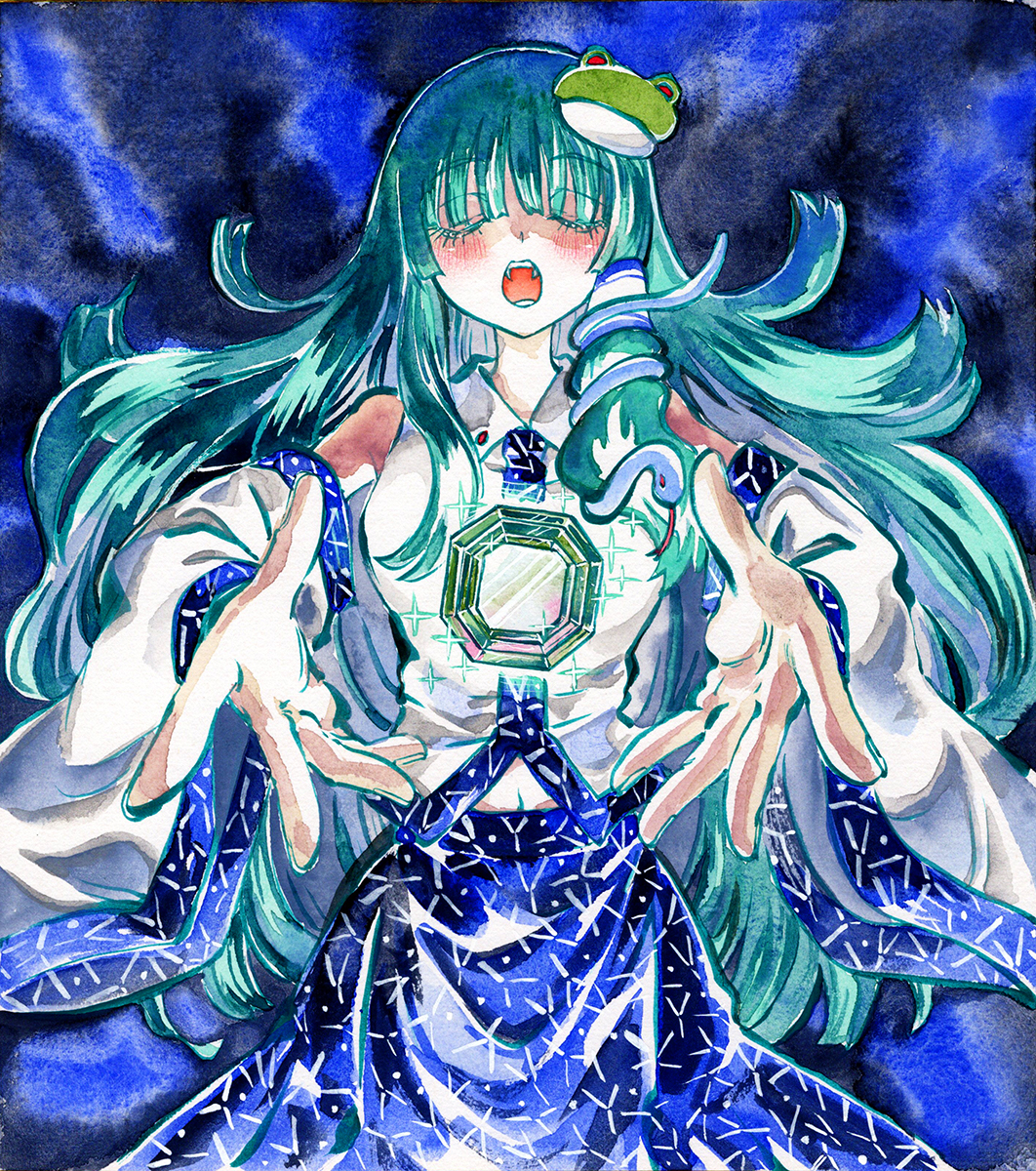 This is a pixiv picture whose title is 東風谷早苗と異変石「シントイズムウィンド」.