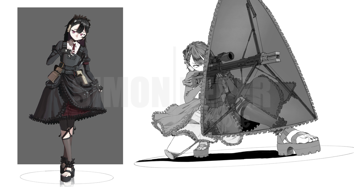 This is a pixiv picture whose title is 【OC】嘉萘缇 立绘+战斗爽黑白插（画师：炸裂菌子）.