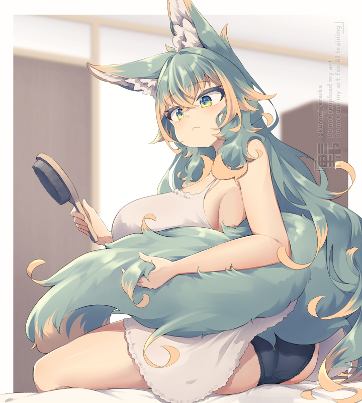 This is a pixiv picture whose title is 尻尾のお手入れ.