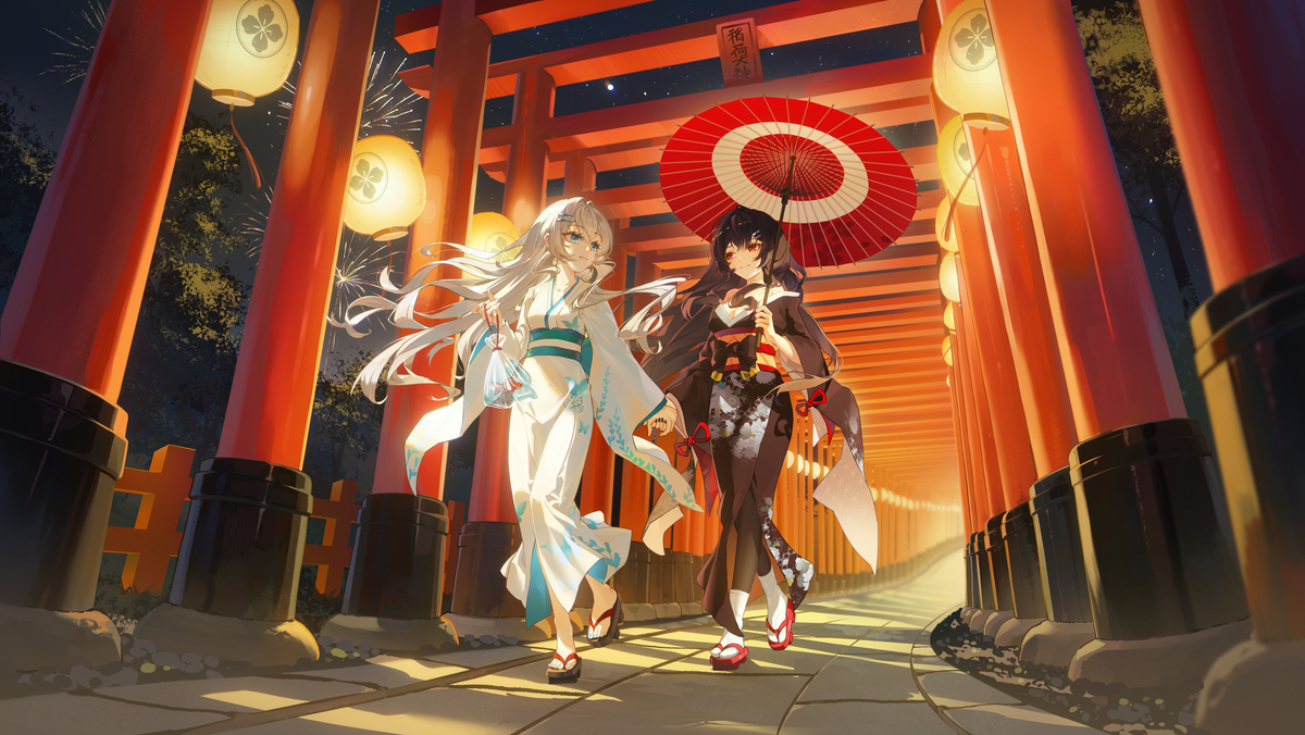 This is a pixiv picture whose title is 花火，鸟居与少女.