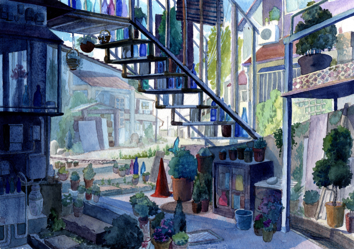 This is a pixiv picture whose title is 階段裏.