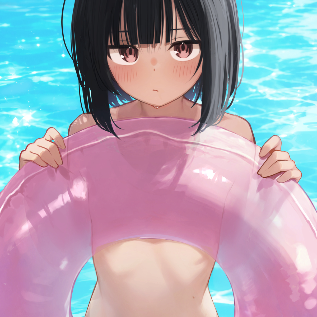 This is a pixiv picture whose title is 「どうしよ、水着流されちゃった……下隠せば何とかなるかな…？」.