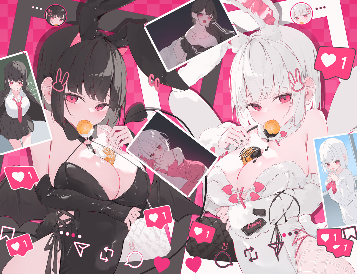 This is a pixiv picture whose title is 白黒バニー.