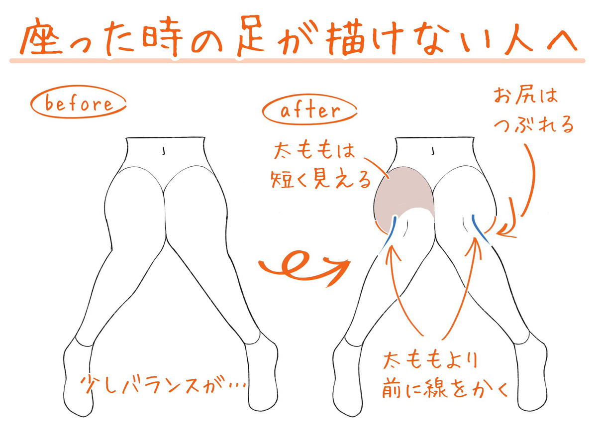 This is a pixiv picture whose title is 座った時の足が描けない人へ.